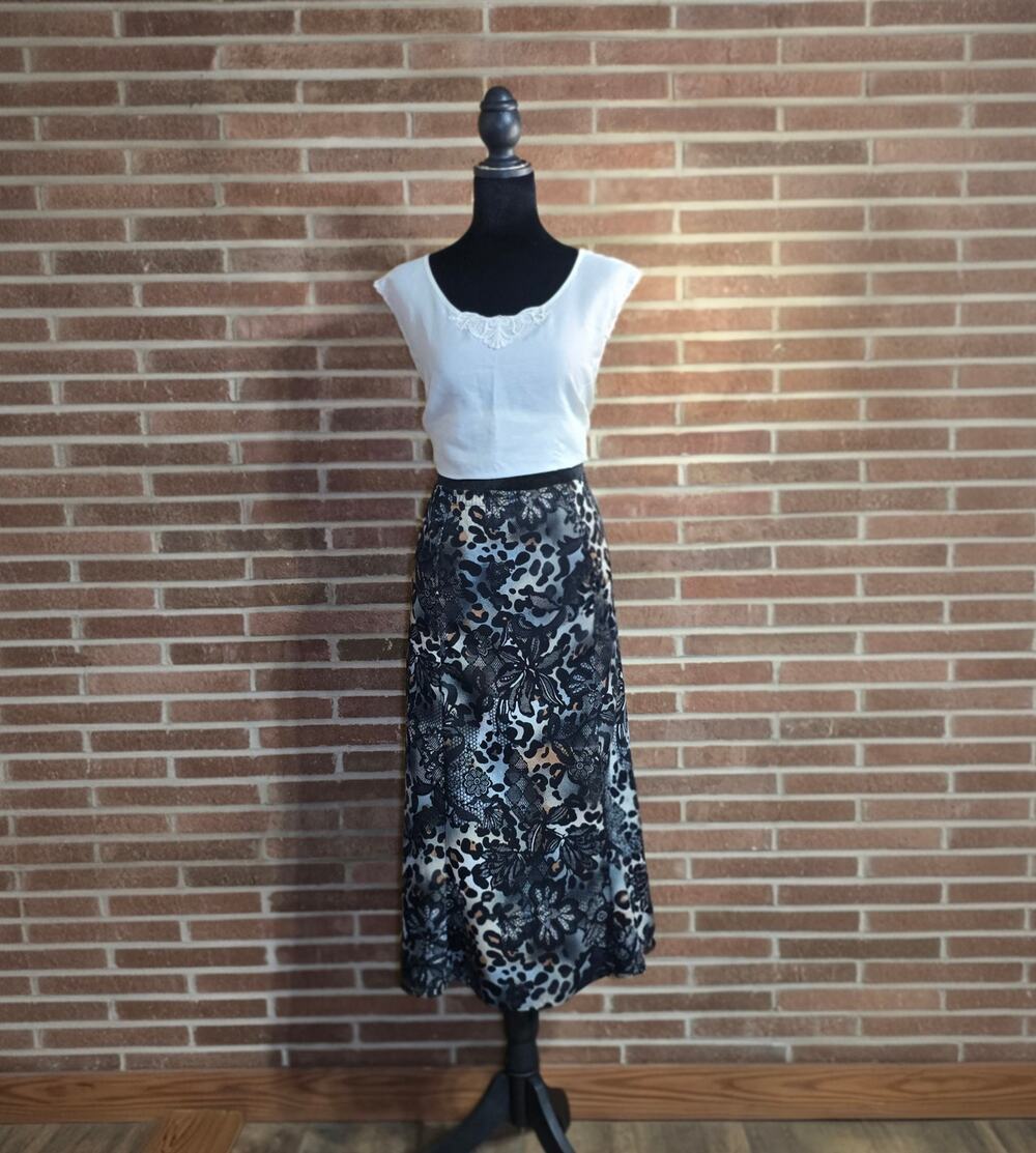 Nikki Plus 1X Mixed Print Maxi Skirt Floral Lace & Leopard Animal Print